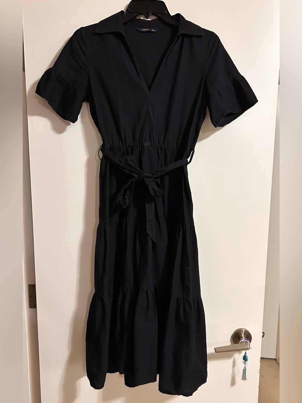 Collared Dark blue Tie-Waist Midi Dress
